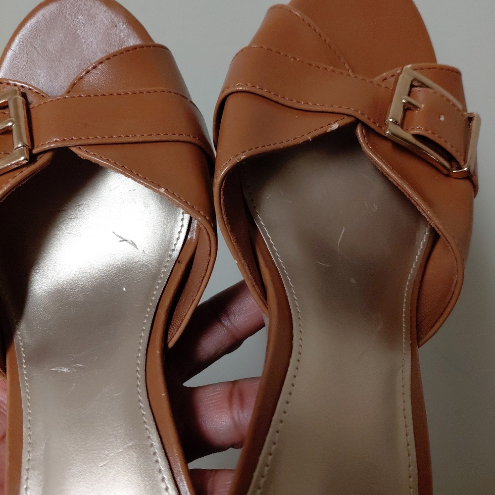 Fioni Camel Colored Brown Faux Leather Buckle Open Toe Heeled Mules 6 - Picture 2 of 13